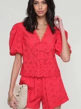 Heartloom Red Eyelet Tie-Front Top and Shorts Set
